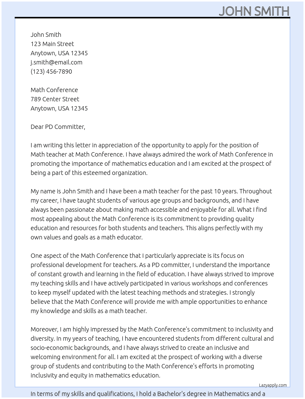 Math teacher At Math Conference Cover Letter