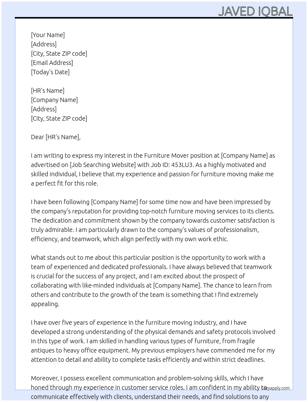 Furniture mover At Job id: 453LU3 Cover Letter