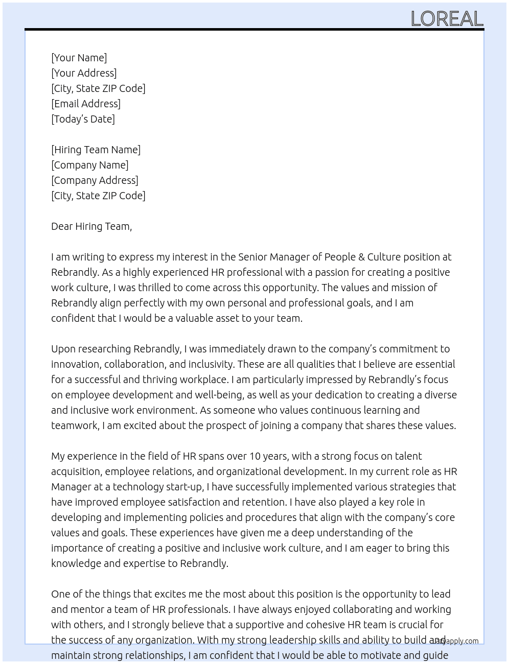 Senior Manager of People & Culture  At Rebrandly Cover Letter