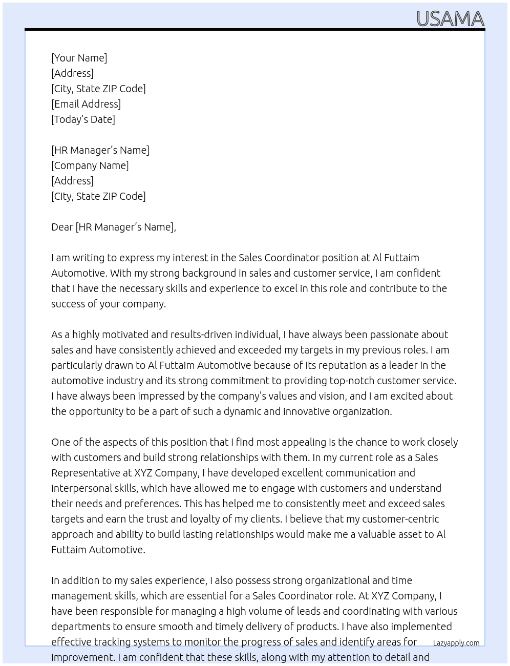 Sales Coordinator At Al Futtaim Automotive Cover Letter