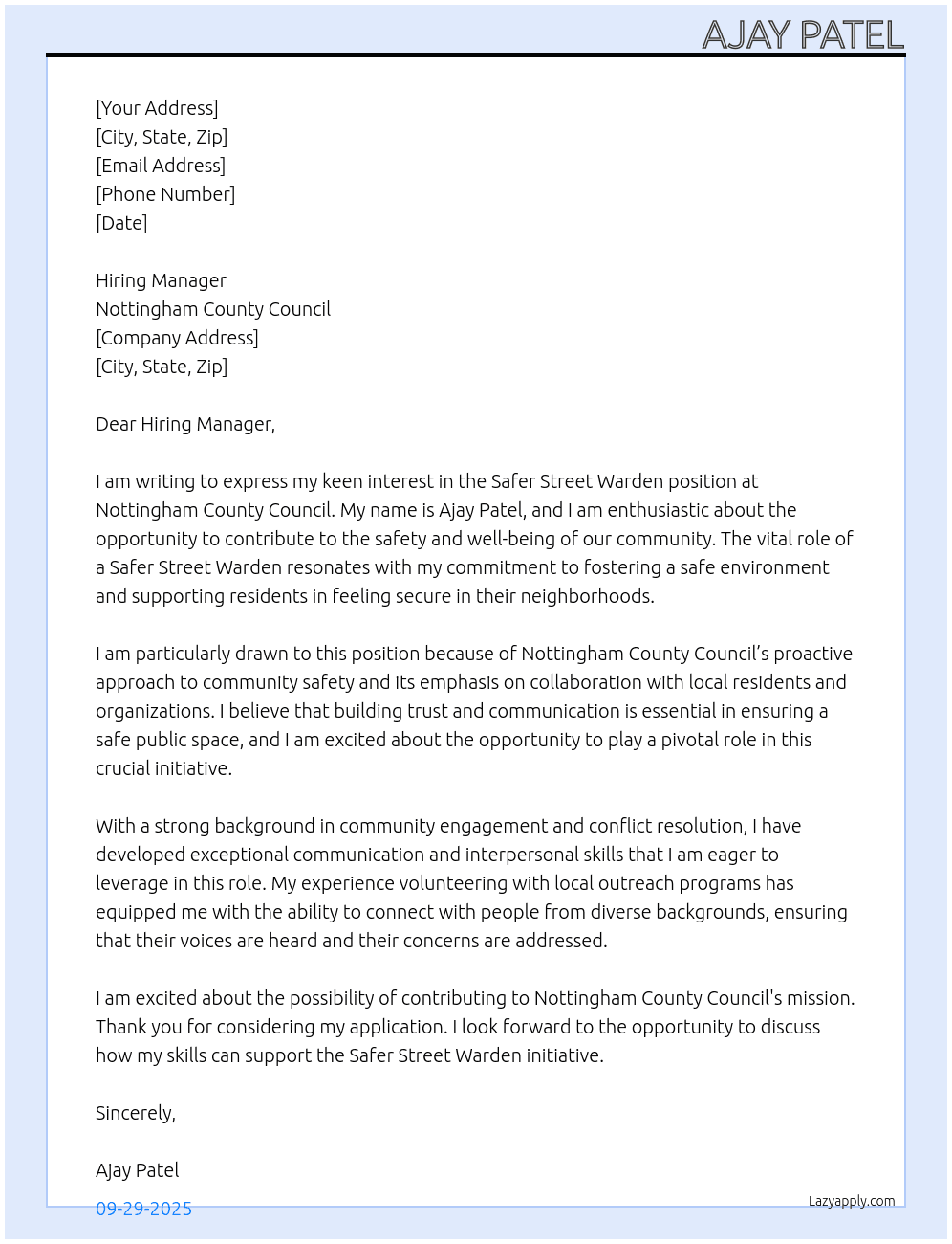 Safer Street Warden At Nottingham County Council Cover Letter