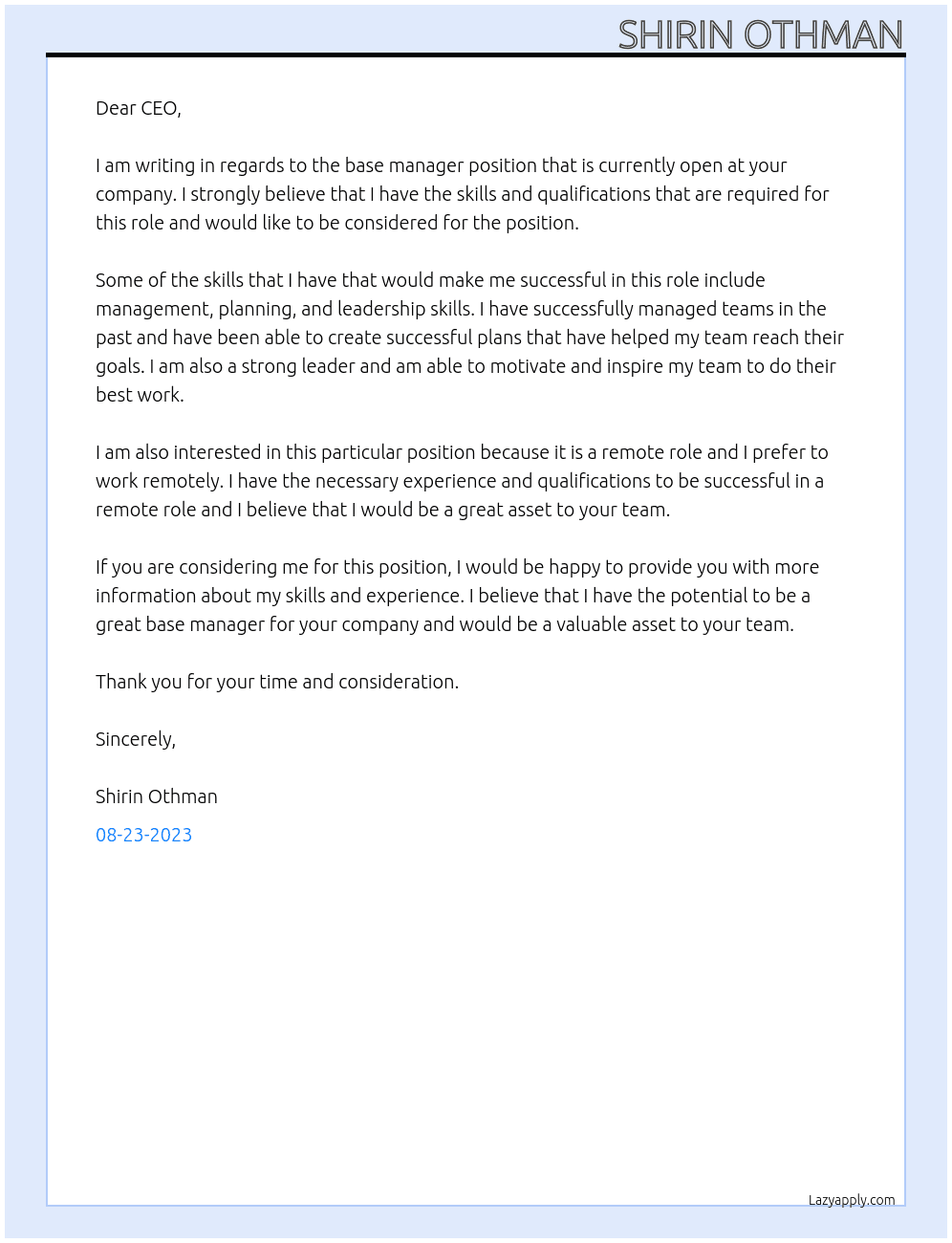 base manager At Company Cover Letter