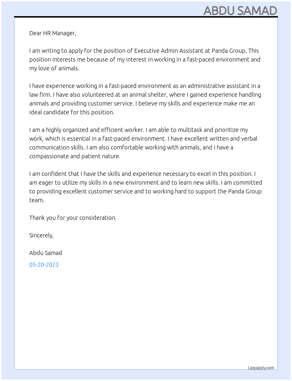 Executive Admin Assistant At Panda Group Cover Letter