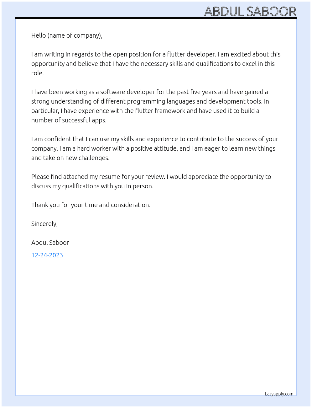 flutter developer At software company it futurbyte Cover Letter