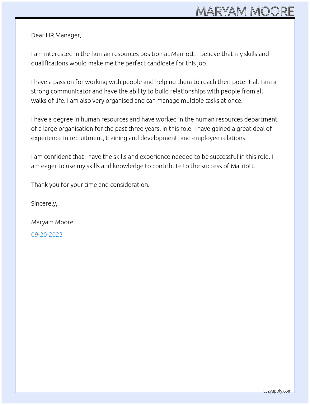 Human Resources  At Marriott Cover Letter