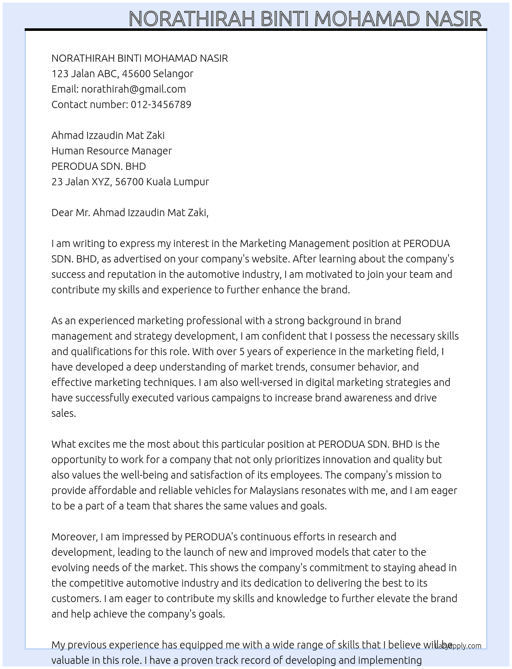 Marketing management  At PERODUA SDN. BHD Cover Letter