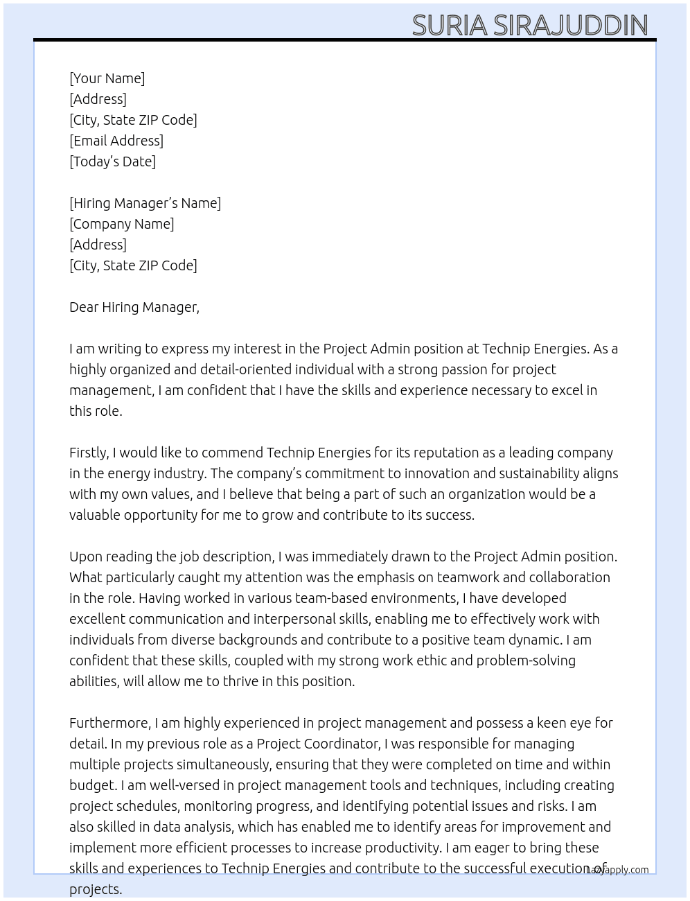 PROJECT ADMIN  At TECHNIP ENEGIES  Cover Letter