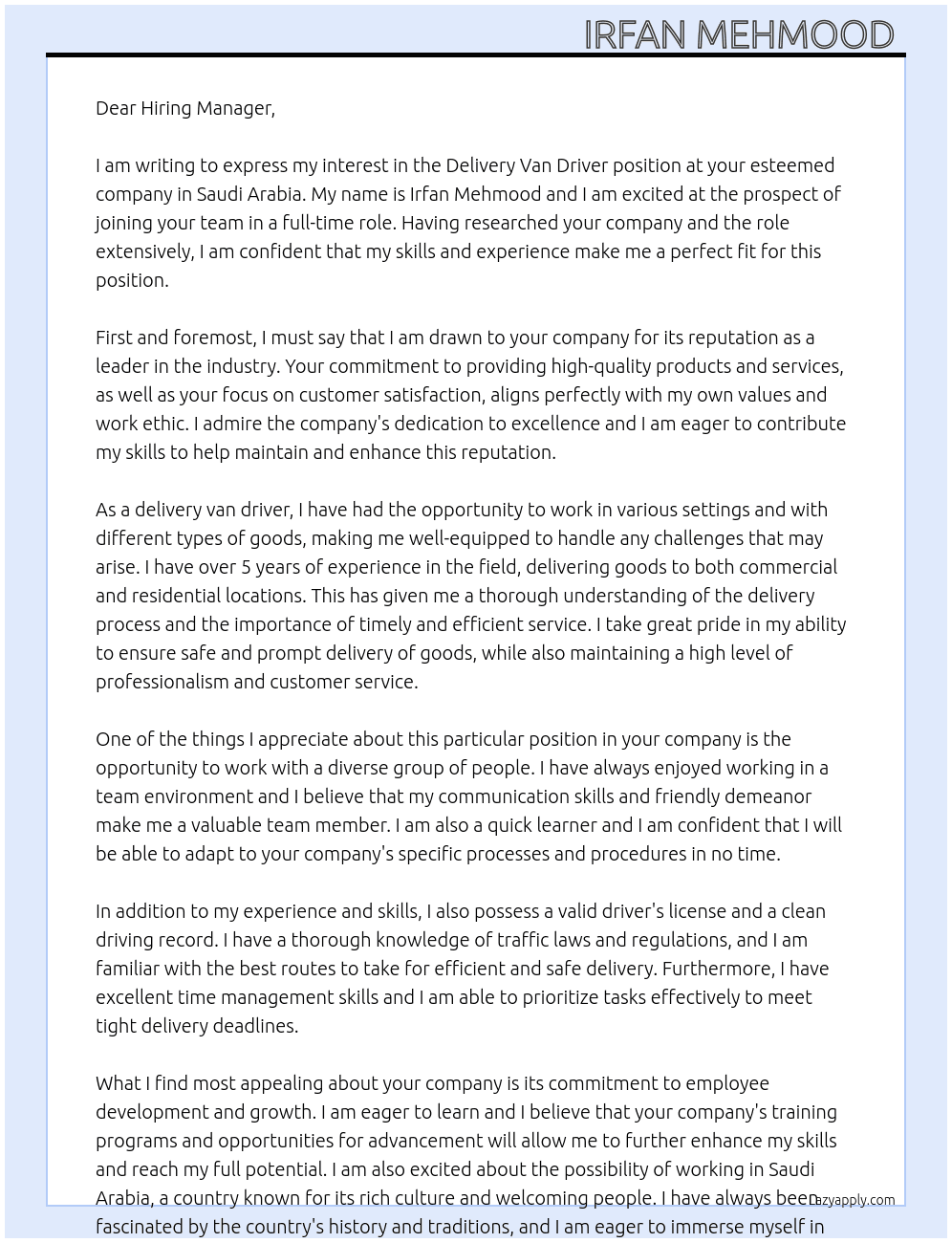 Delivery van driver  At Saudi Arabia  Cover Letter