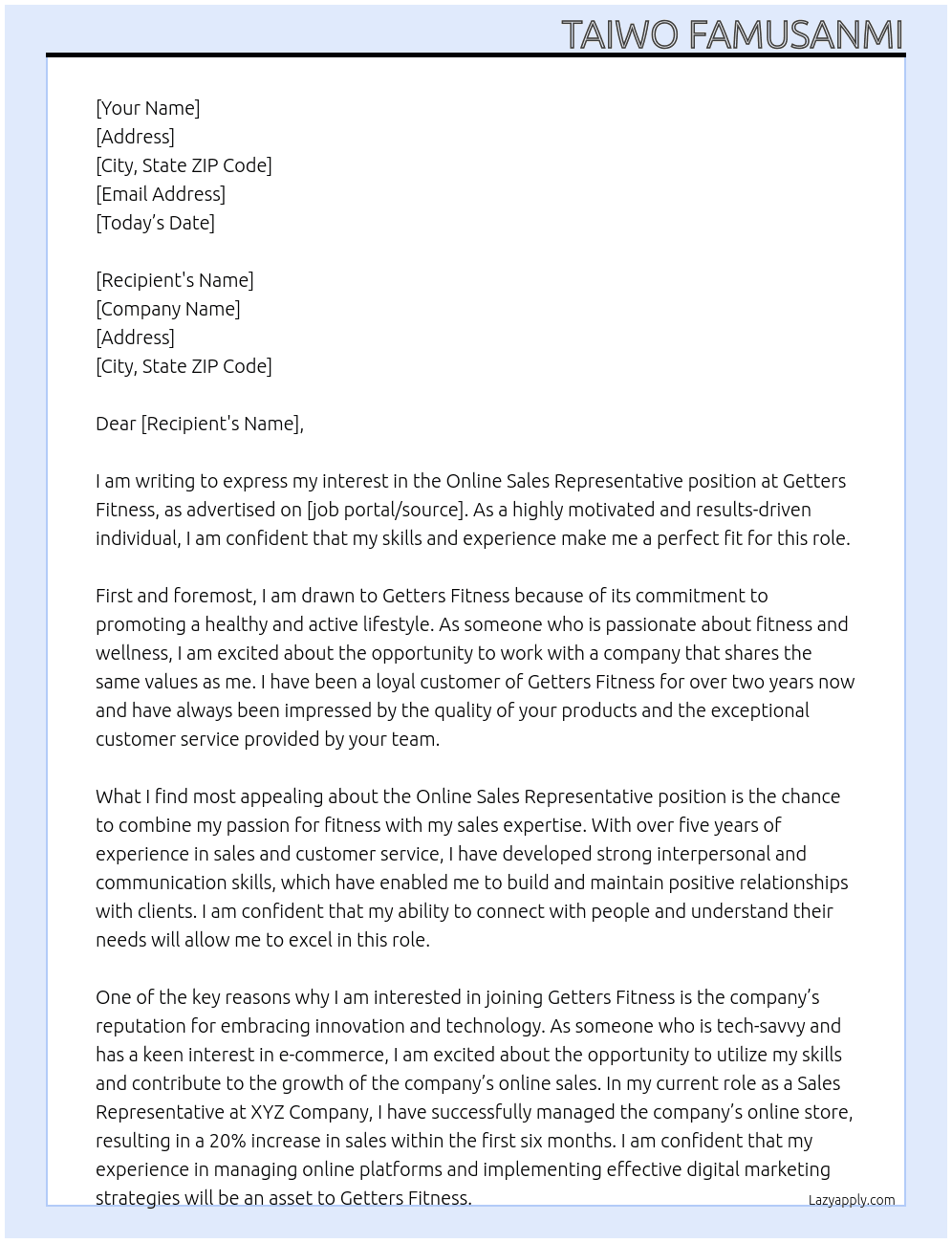 Cover letter for online sales representative - LazyApply