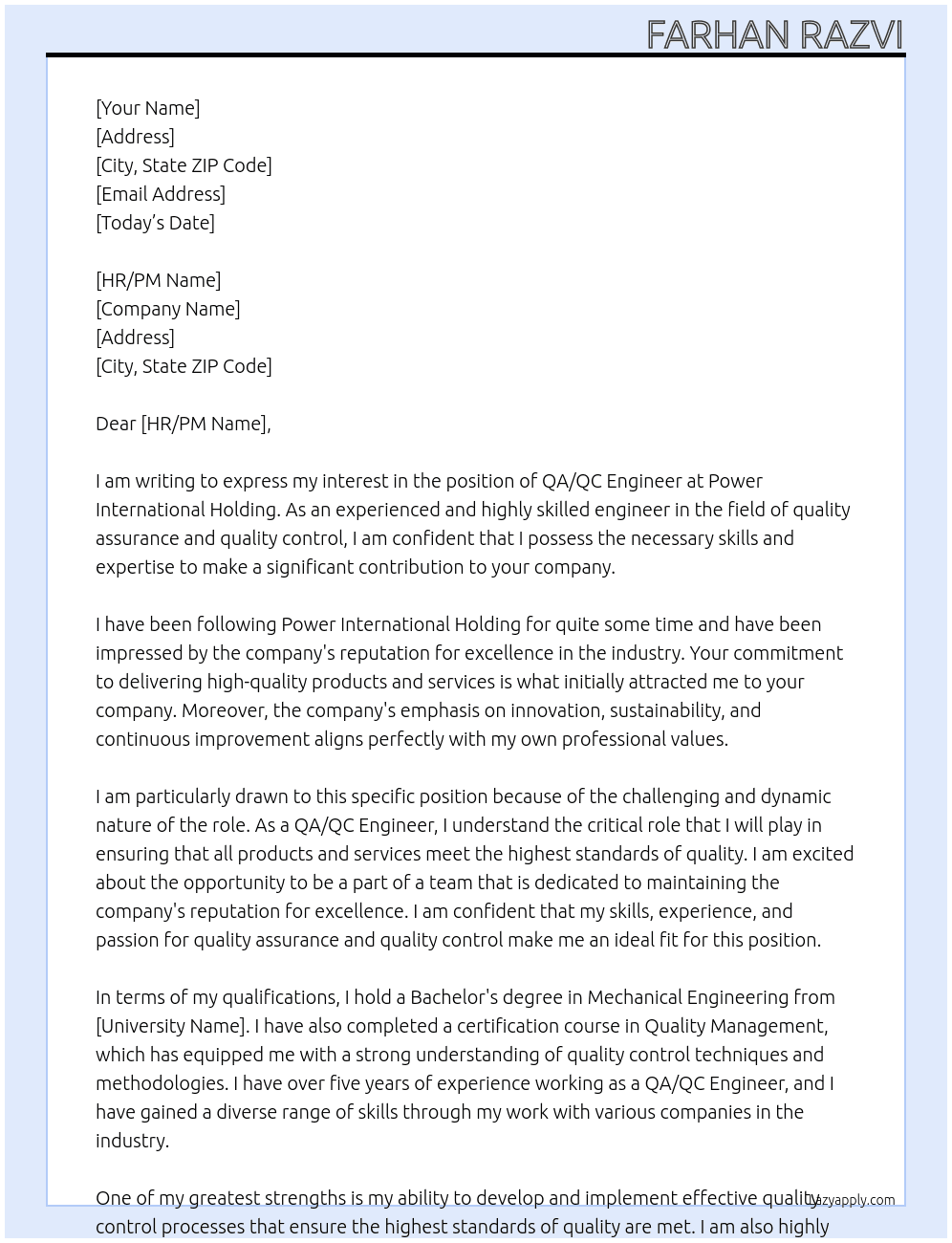 QA/QC ENGINEER At POWER INTERNATIONAL HOLDING Cover Letter