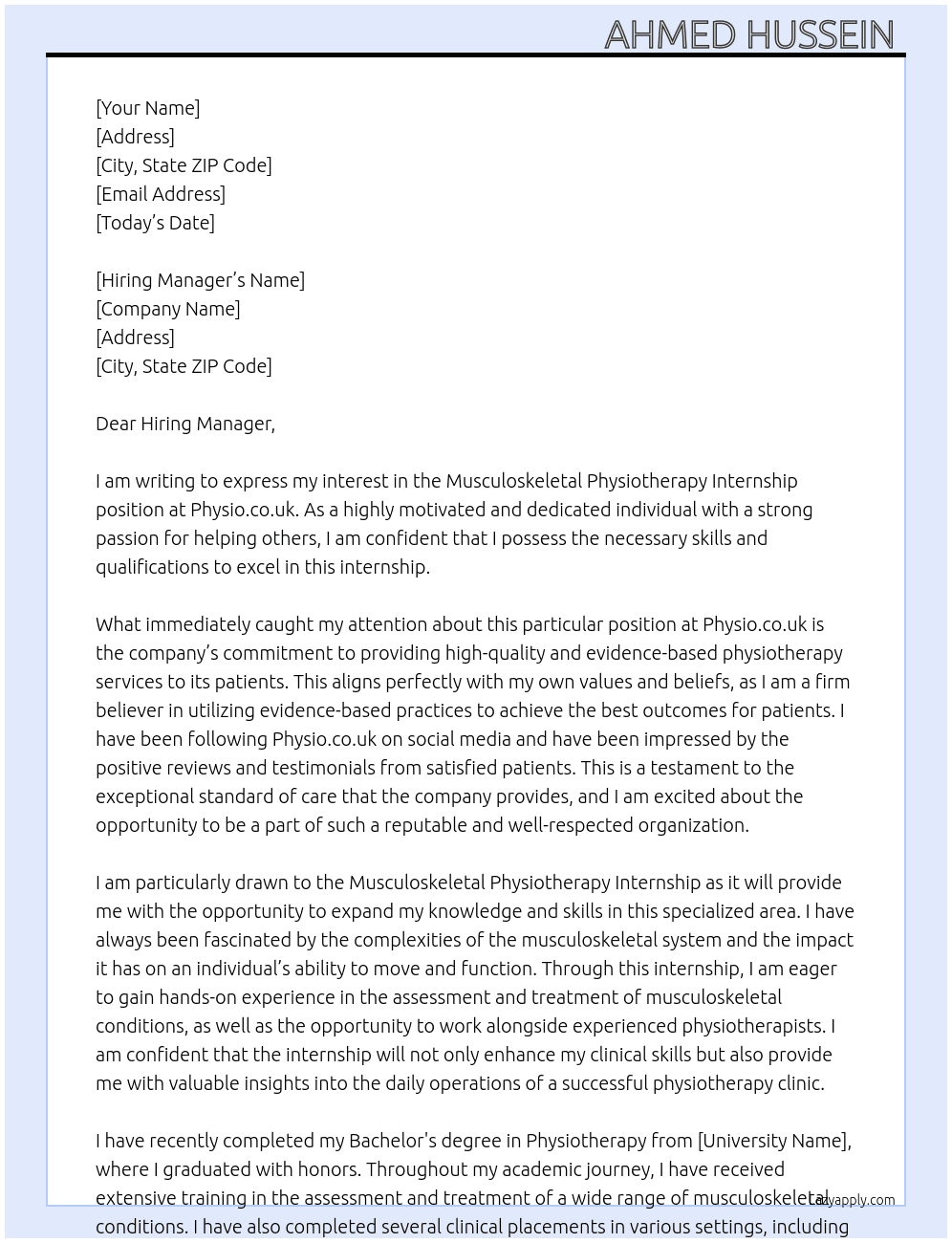 Musculoskeletal Physiotherapy Internship  At Physio.co.uk Cover Letter