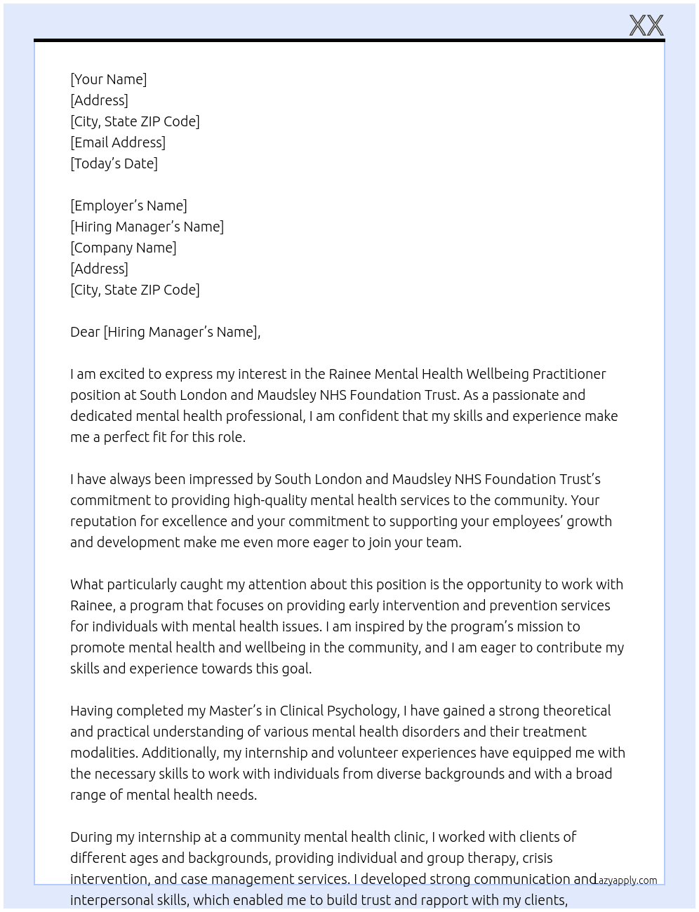 rainee Mental Health Wellbeing Practitioner At South London and Maudsley NHS Foundation Trust Cover Letter