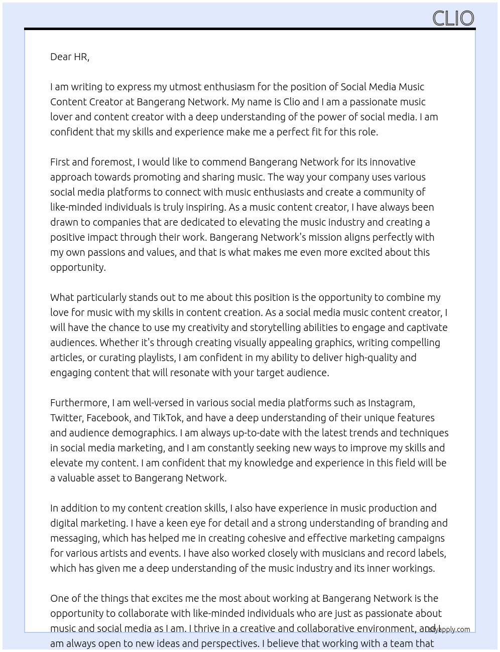 Social Media Music Content Creator At bangerang network  Cover Letter