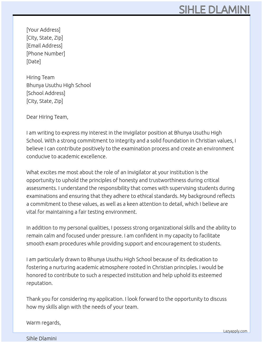 Invigilator At Bhunya Usuthu High School  Cover Letter