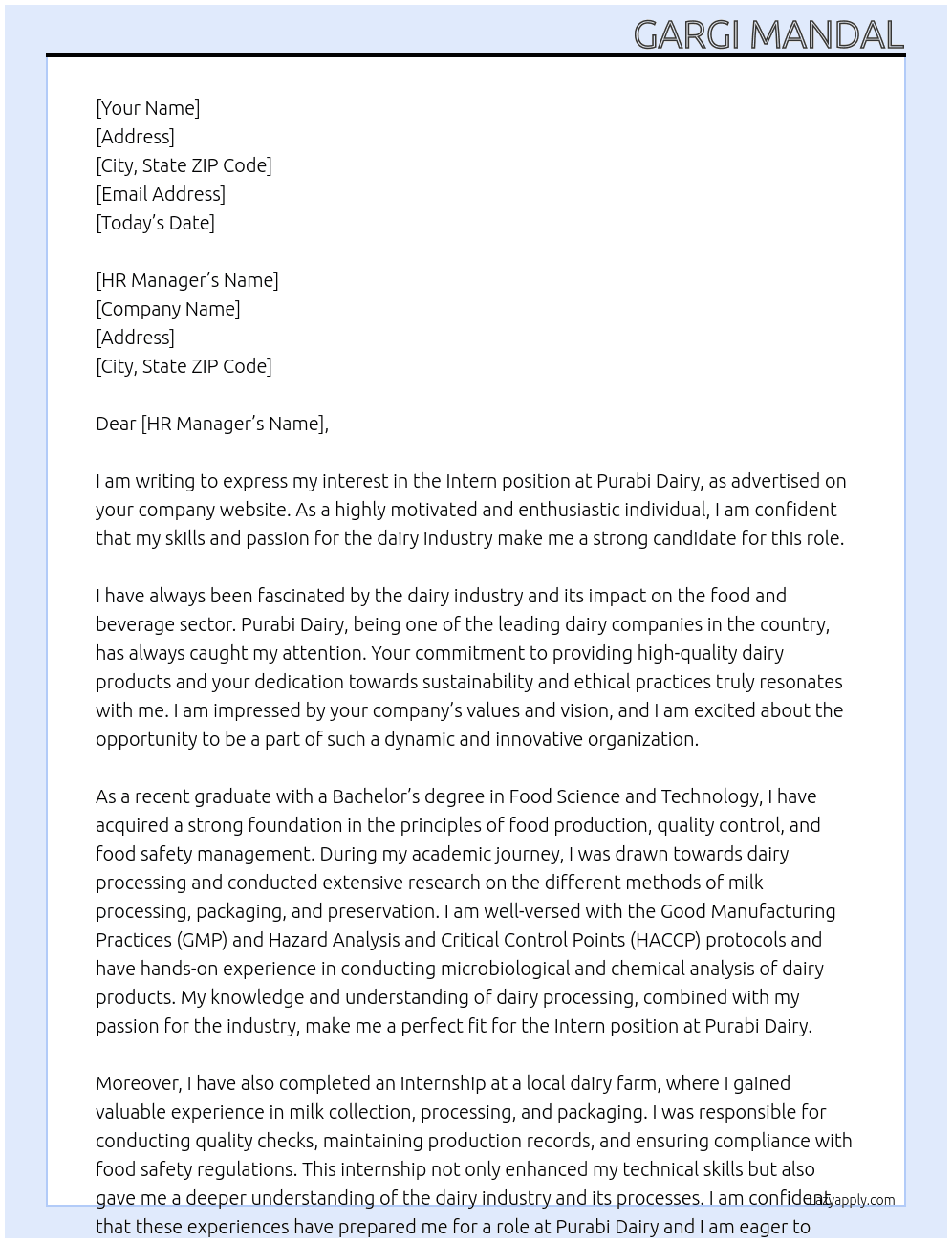Intern At Purabi Dairy Cover Letter