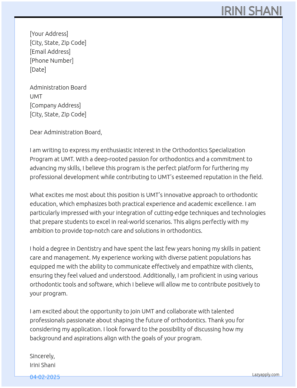 Cover letter for orthodontics specialization program - LazyApply