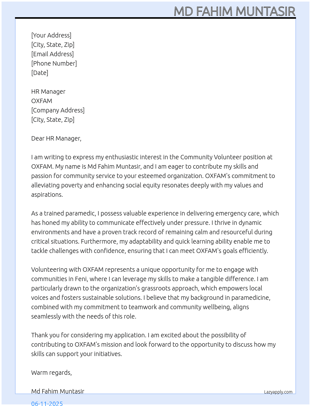 Community volunteer  At OXFAM Cover Letter
