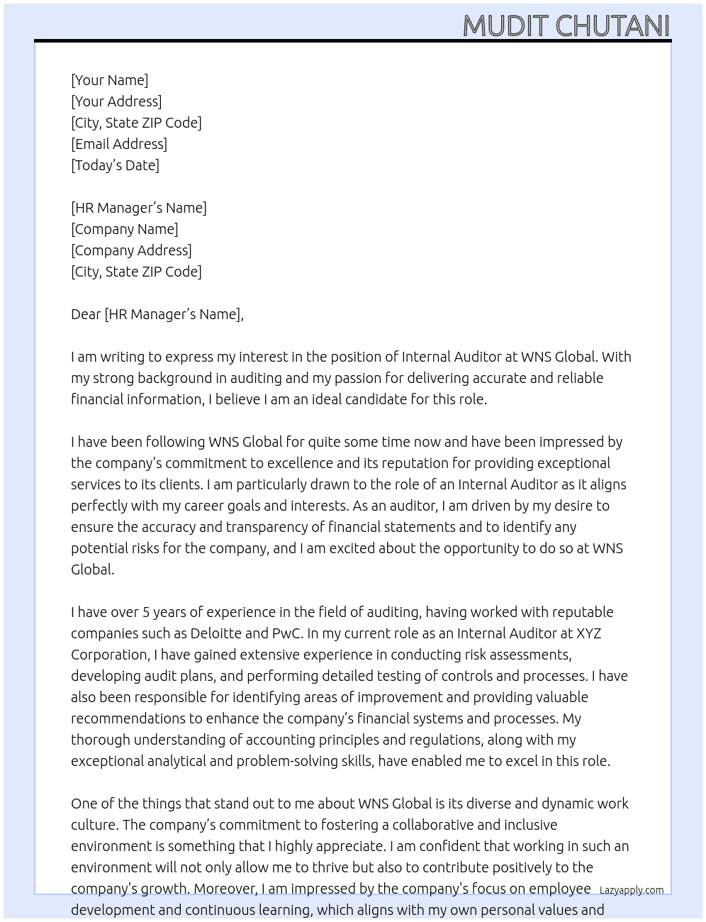 Internal Auditor At WNS Global Cover Letter
