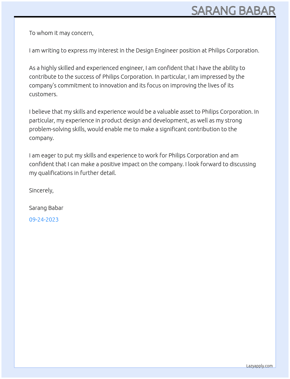 Design engineer At Philips Corporation Cover Letter