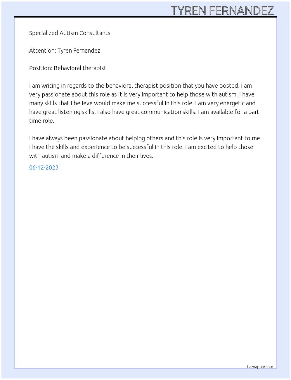 Behavioral therapist  At Specialized Autism Consultants  Cover Letter