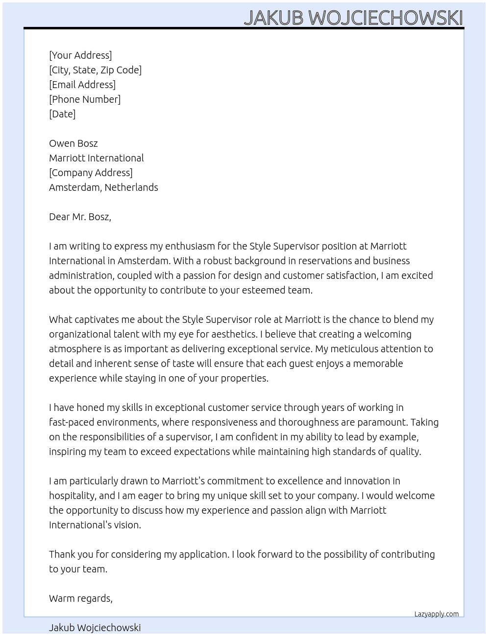 Style Supervisor At Marriott International Cover Letter