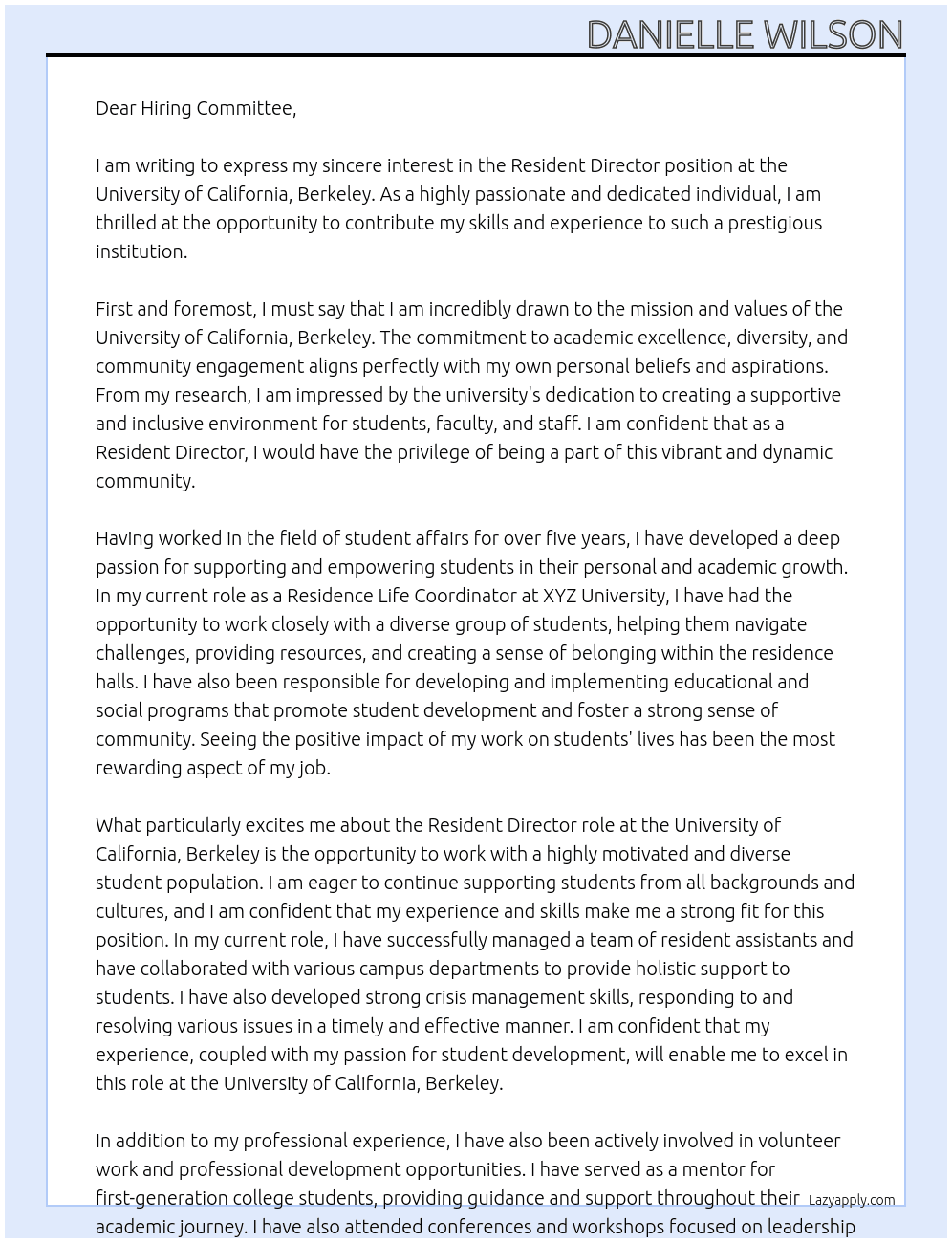 Resident Director At University of California, Berkeley Cover Letter