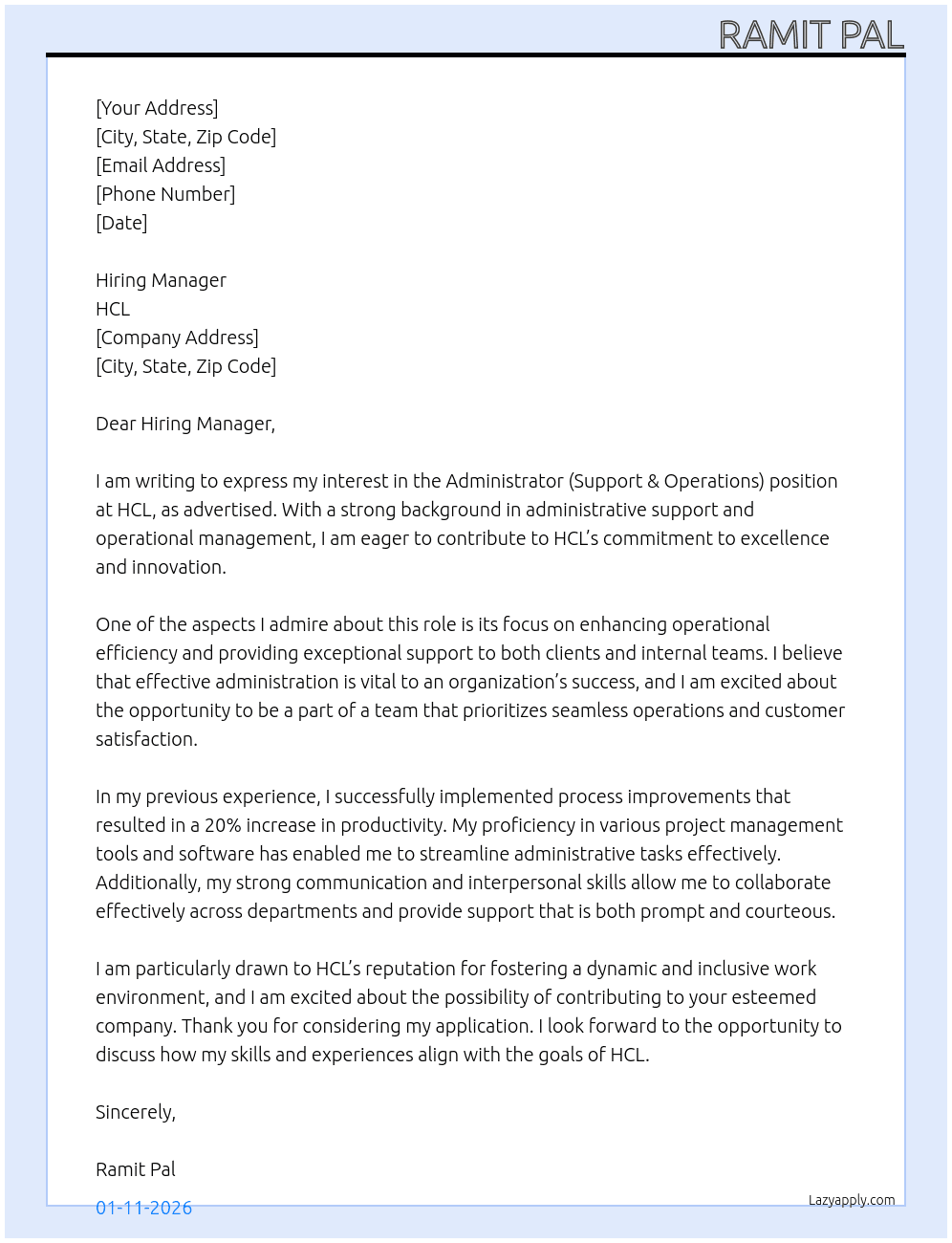 Administrator (Support & Operations) At HCL Cover Letter