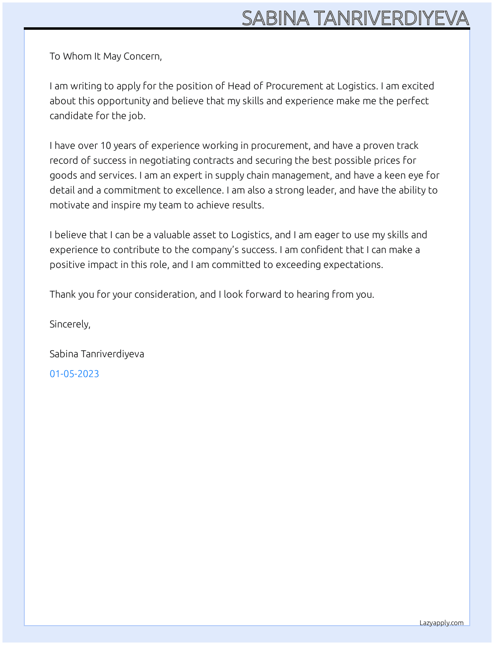 Cover letter for head of procurement department - LazyApply