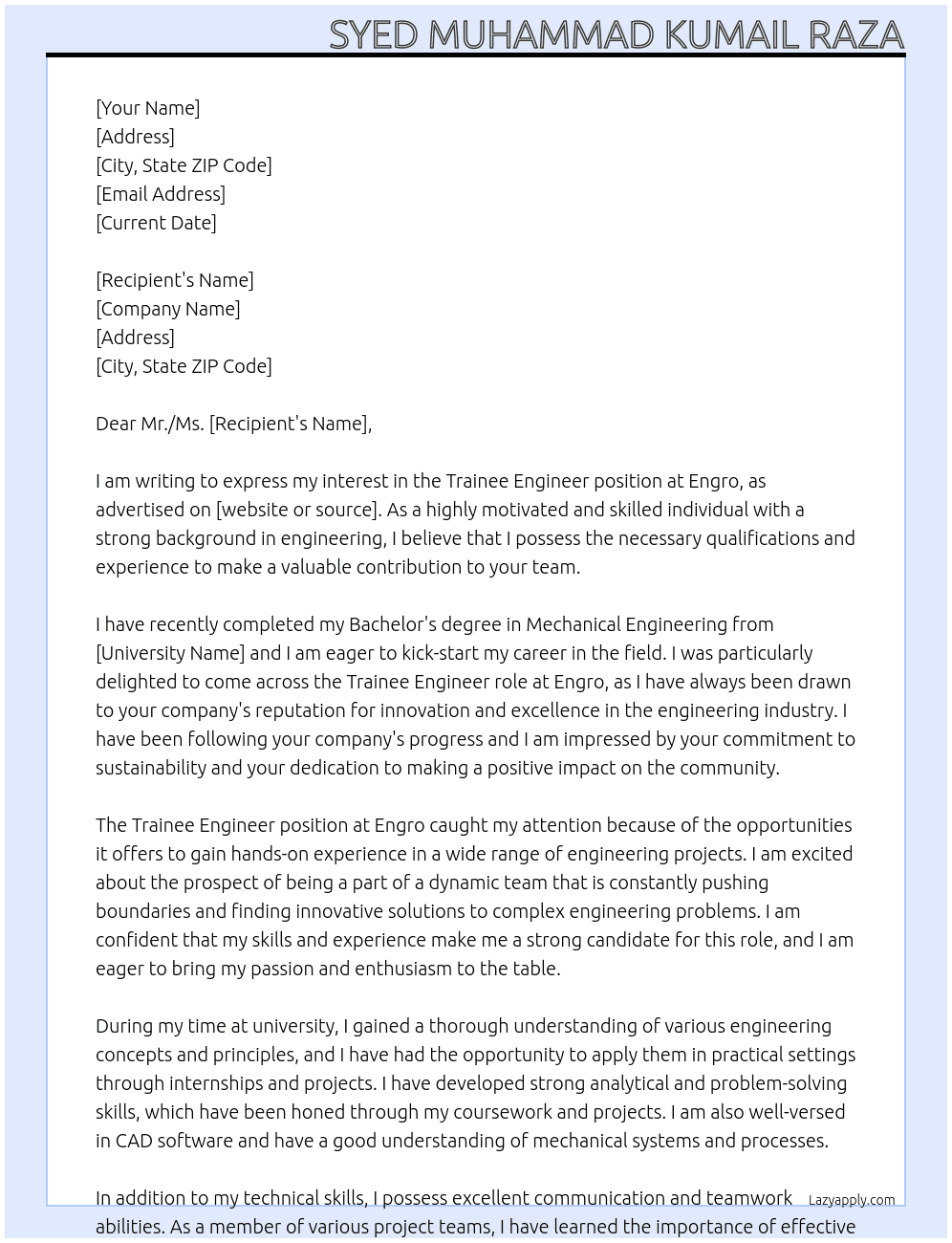 trainee Engineer At Engro  Cover Letter