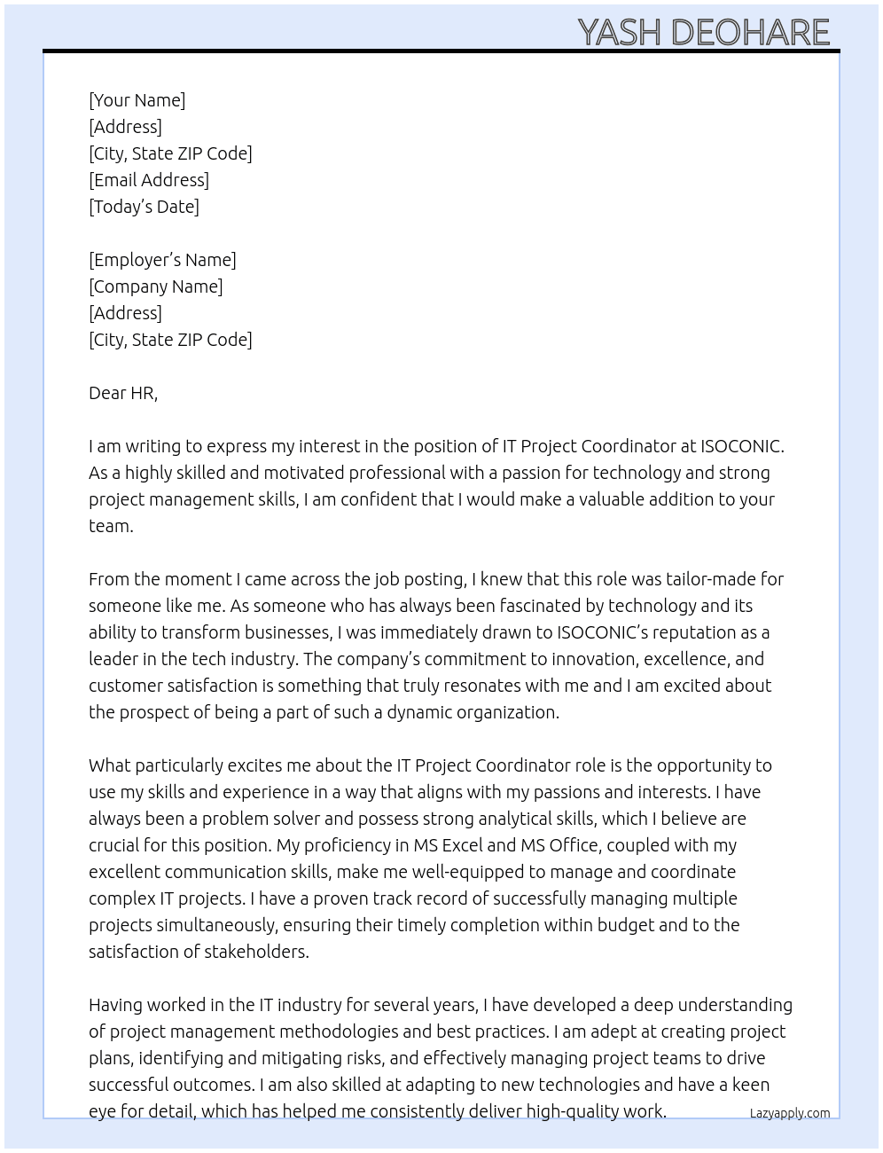 IT project coordinator  At ISOCONIC  Cover Letter