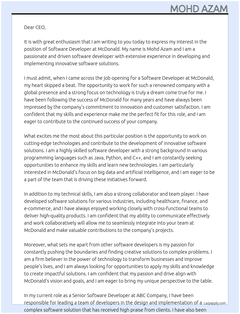 Software developer At McDonald Cover Letter
