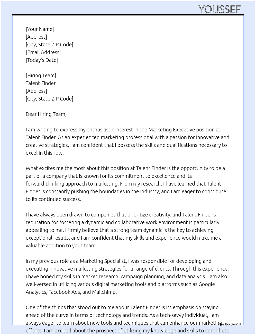 Marketing Executive At Talent Finder Cover Letter