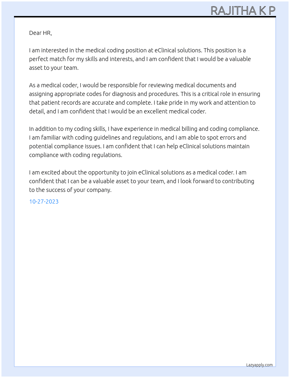 Medical coder At eClinical solutions Cover Letter