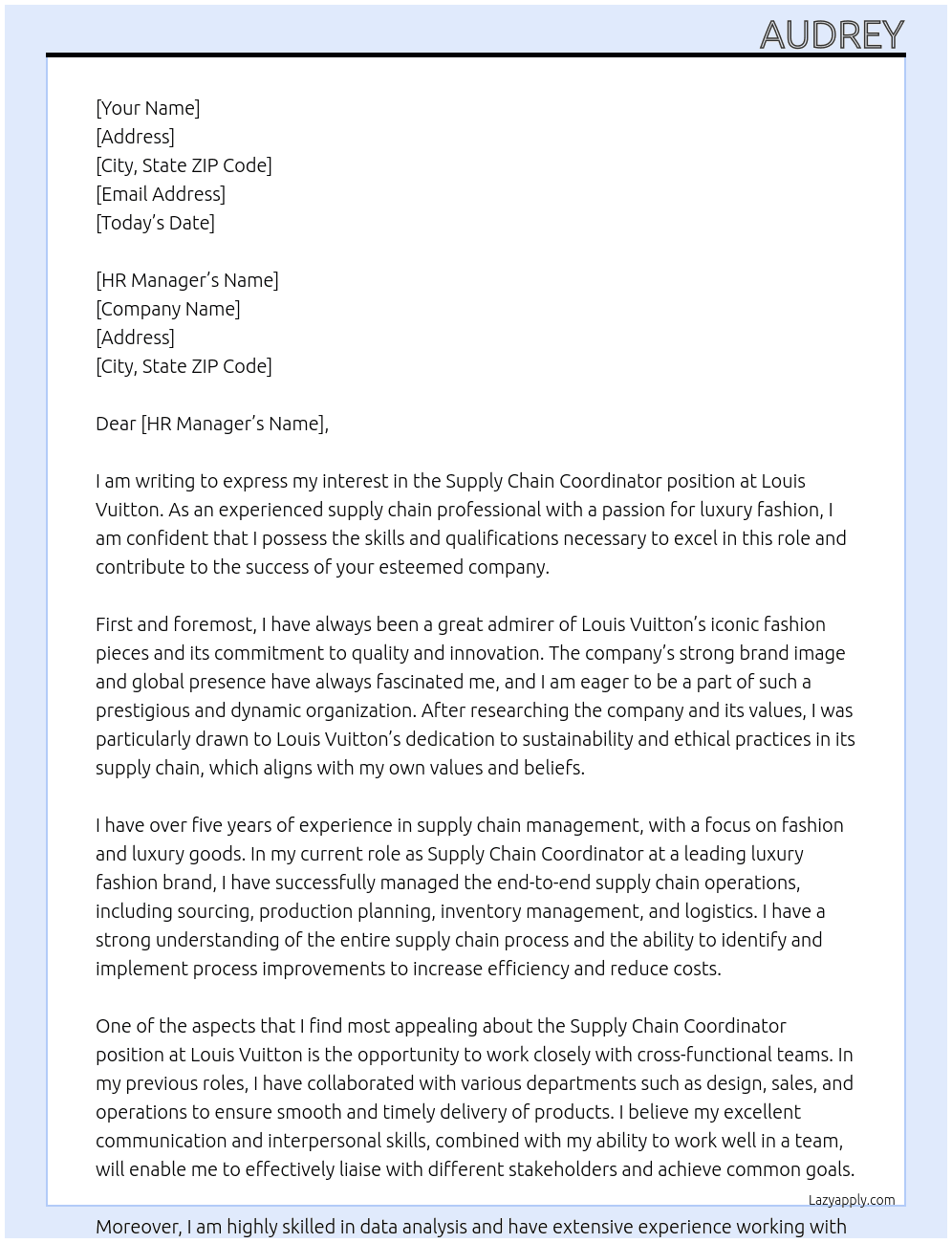 SUpply Chain Coordinator At Louis Vuitton Cover Letter