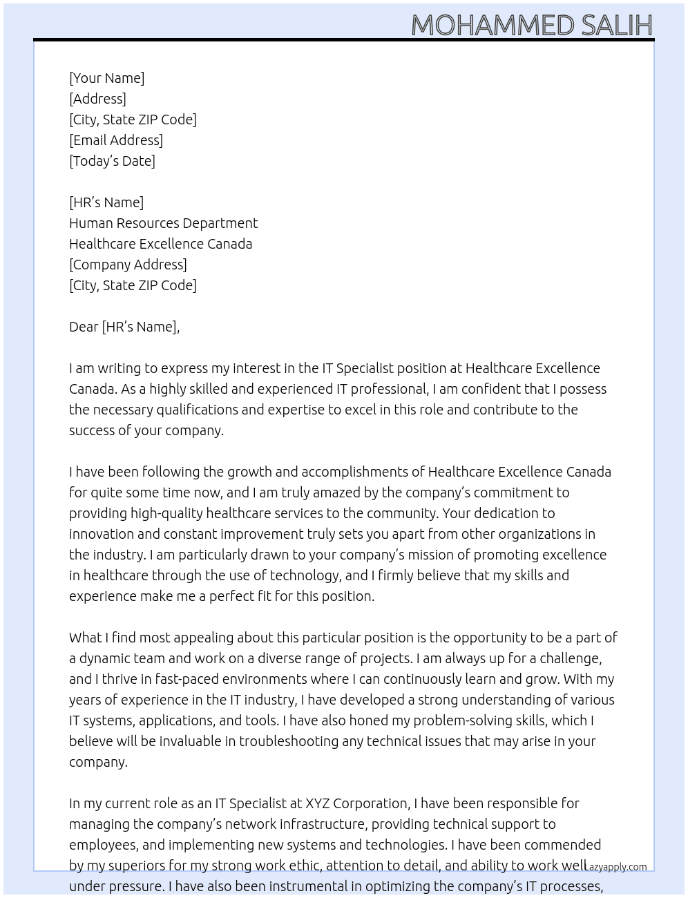 IT Specialist At Healthcare Excellence Canada Cover Letter