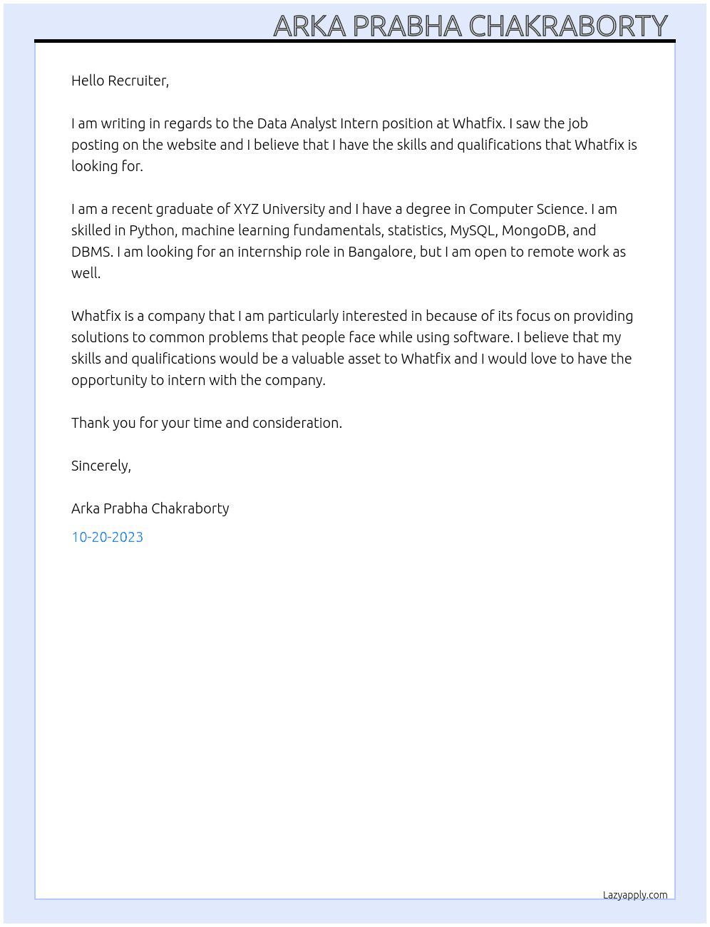 Data analyst intern  At Whatfix Cover Letter