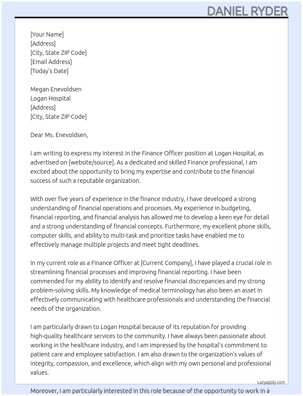 Finance Officer At Logan Hospital Cover Letter