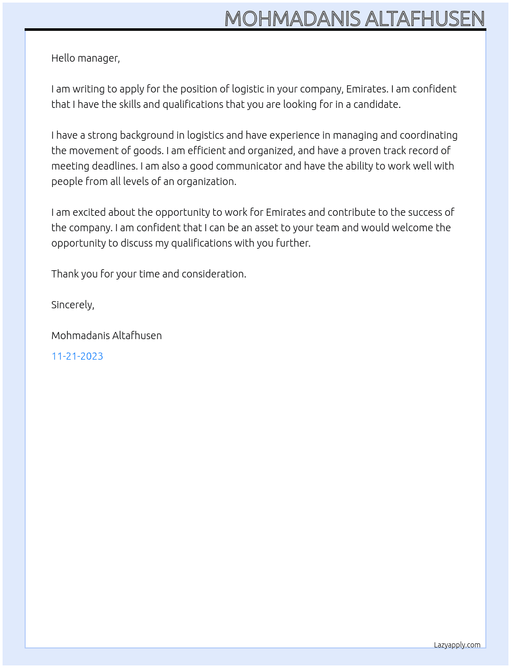 logistic At emirates Cover Letter