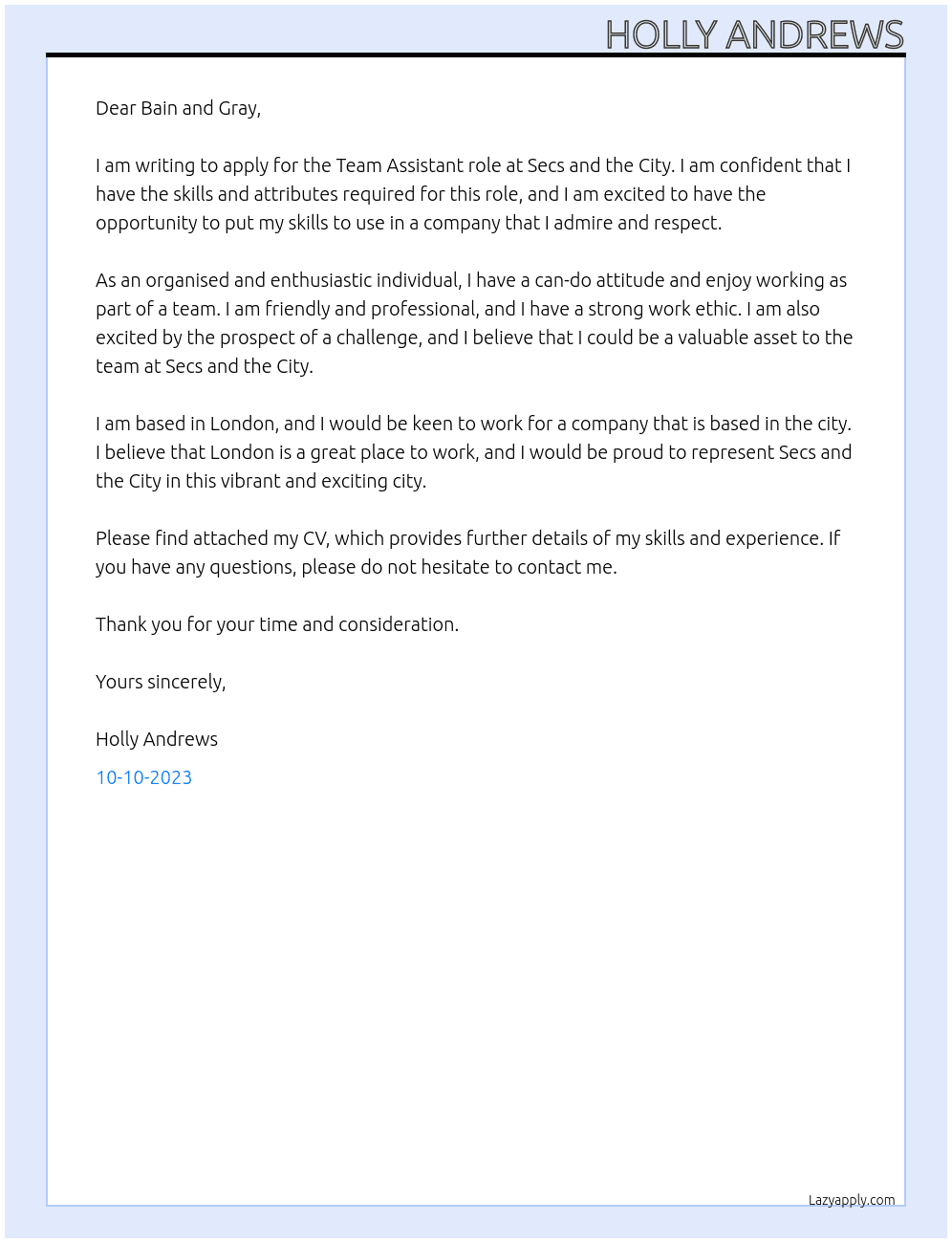 Team Assistant At Secs and the City Cover Letter