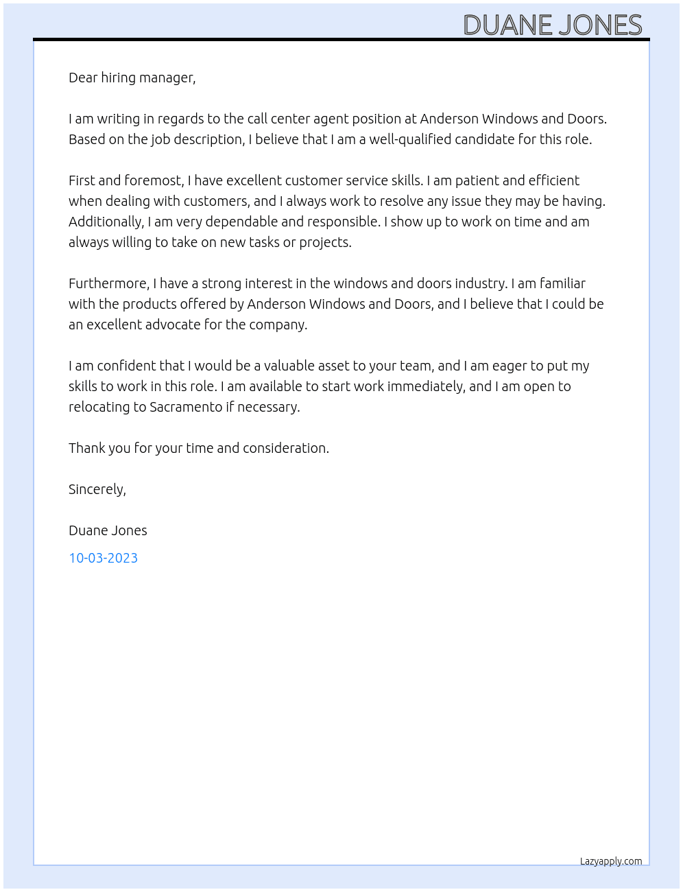 Call center Agent  At Anderson Windows and Doors Cover Letter