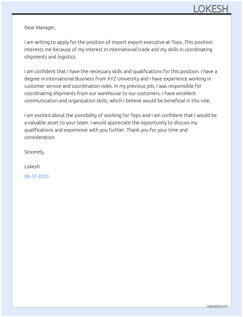 Import export executive  At Tops Cover Letter