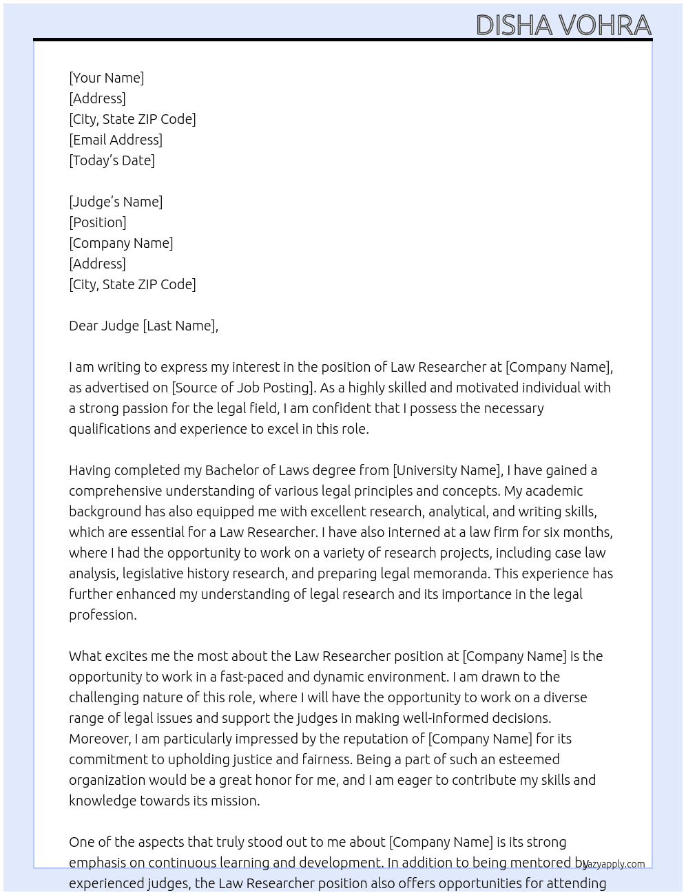 Law Researcher At Court Cover Letter