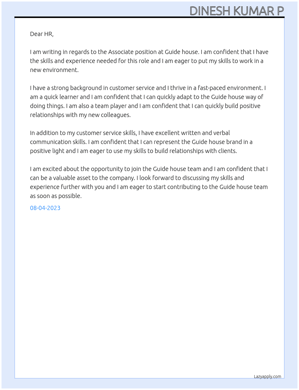 Ar associate At Guide house Cover Letter