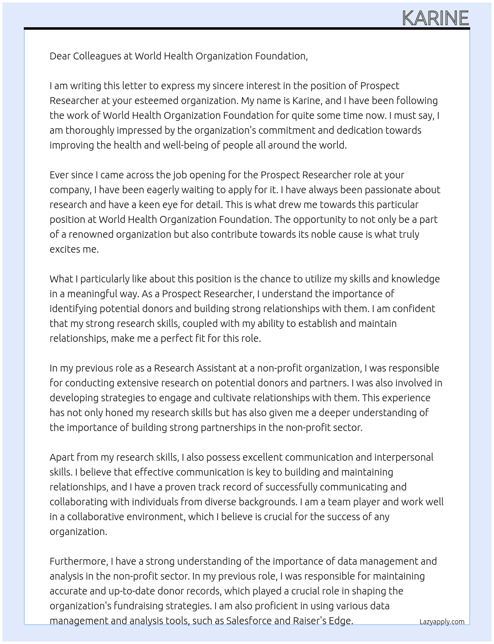 Prospect Researcher At World Health Organization Foundation Cover Letter