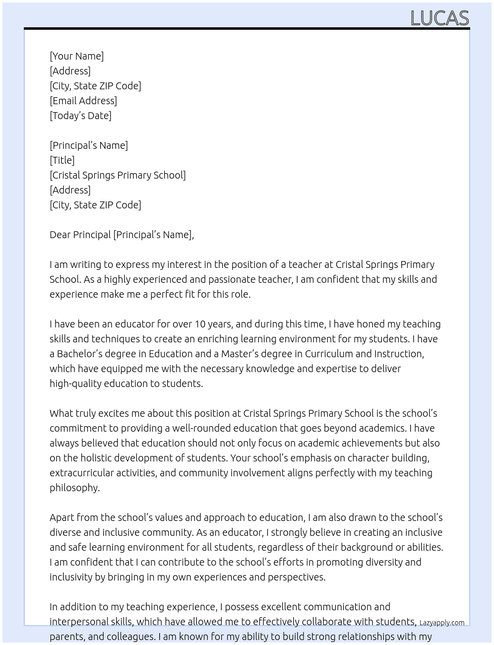teacher At cristal springs primary school Cover Letter