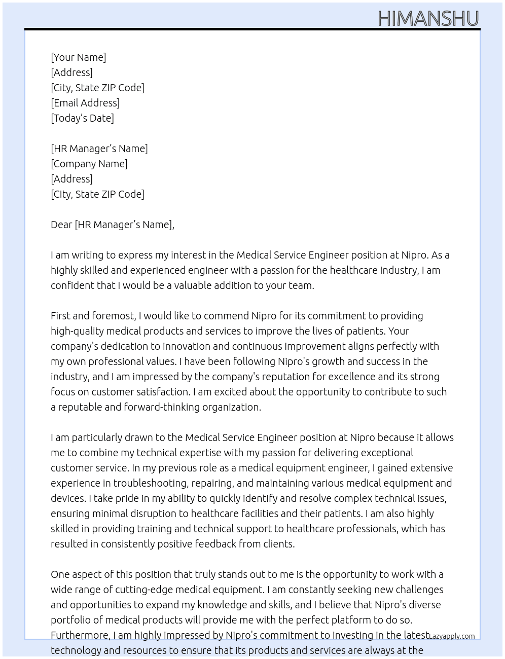 Medical service engineer  At Nipro Cover Letter