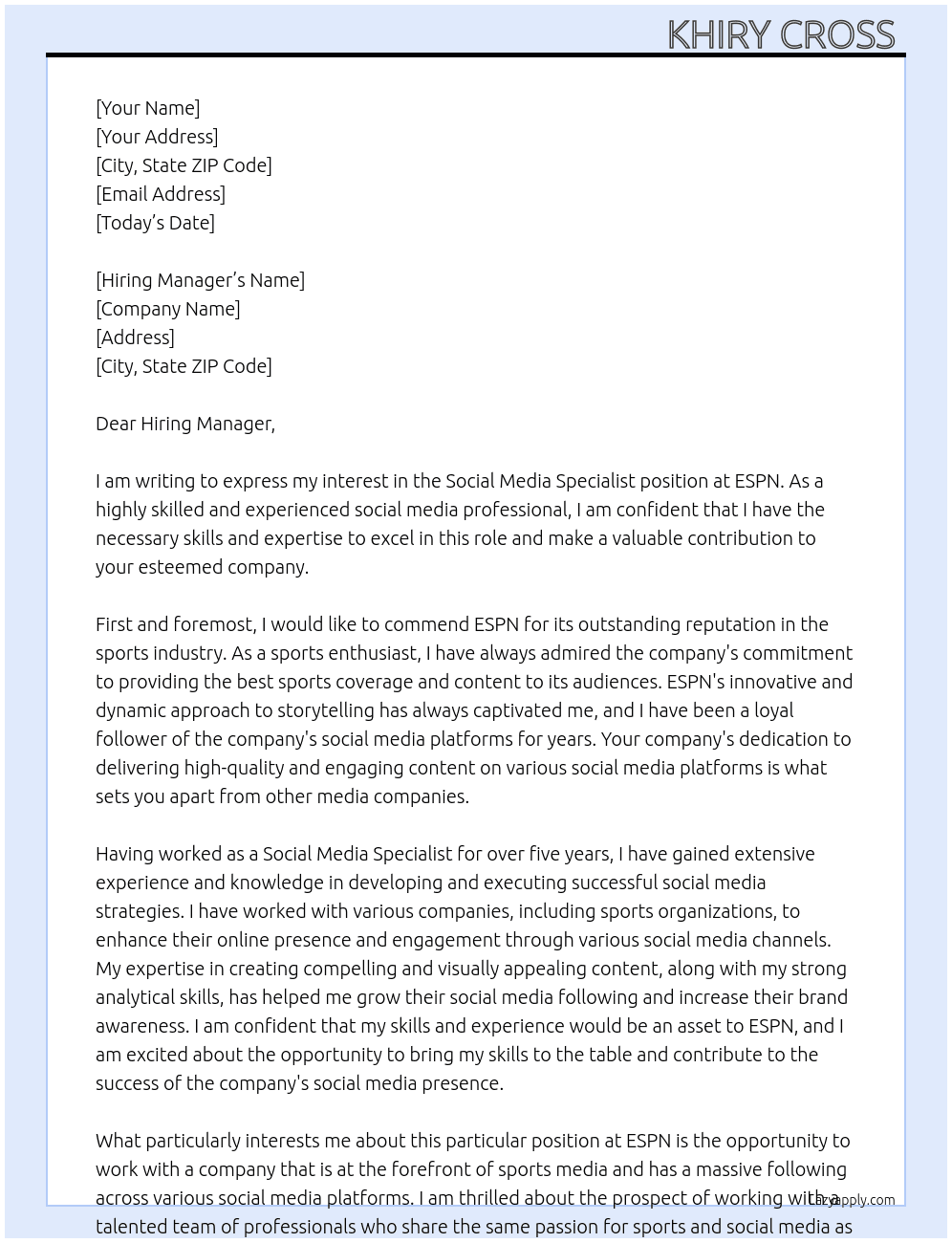 Social media specialist  At ESPN Cover Letter