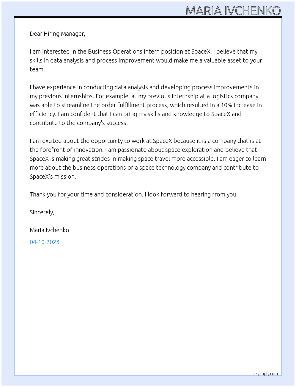 Business Operations intern At SpaceX Cover Letter