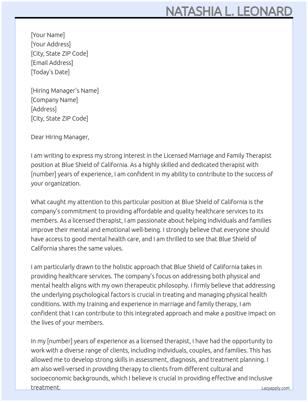 Licensed Marriage and Family Therapist At Blue Shield of California Cover Letter