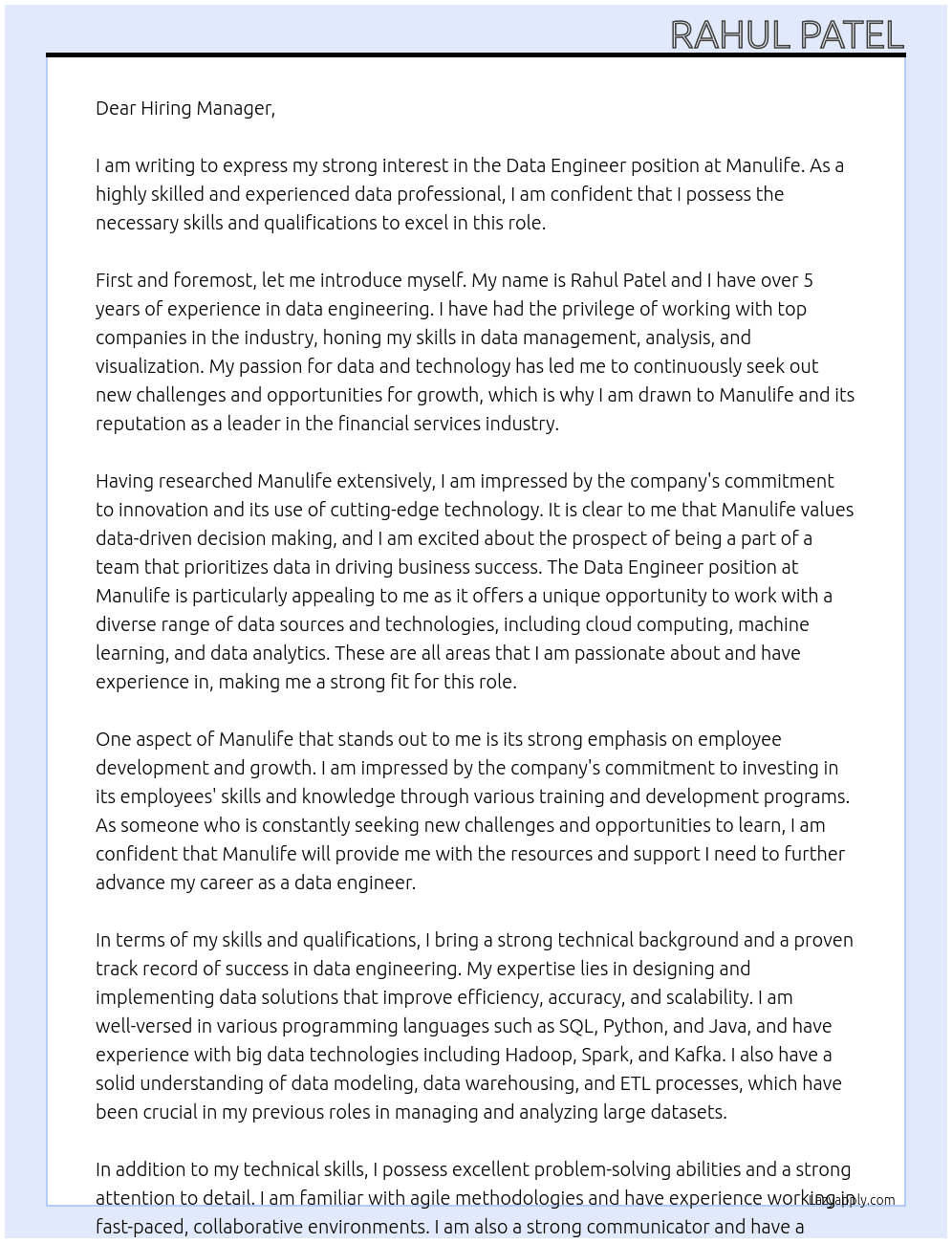 Data Engineer At Manulife Cover Letter